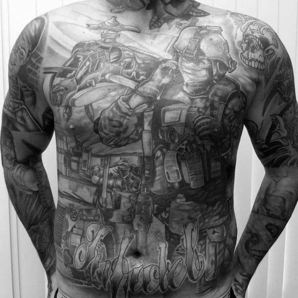 Army Themed Mens Full Chest Tattoo Ideas