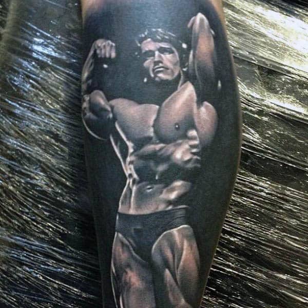 Arnold Schwarzenegger Mens Black Ink Shaded Fitness Leg Calf Tattoo