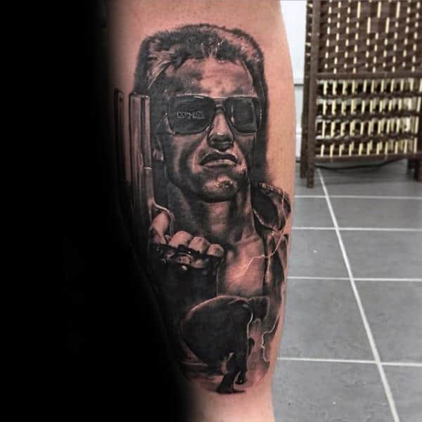 Arnold Schwarzenegger With Pistol Mens Terminator Leg Tattoos