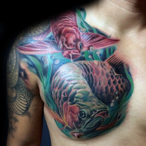 Arowana Male Chest Tattoo Designs
