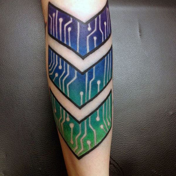 Arrow Circuit Board Colorful Mens Tattoos On Outer Forearm