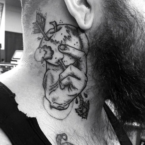Arrow Through Apple Guys Neck Tattoos