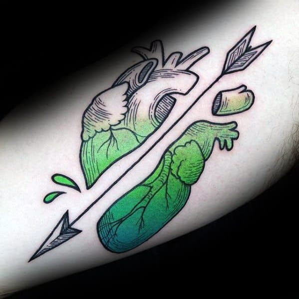 Arrow Through Green Anatomical Heart Guys Simple Arm Tattoos