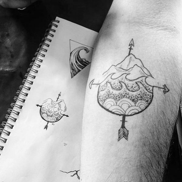 Arrow Waves With Mountains Guys Inner Forearm Simple Tattoos