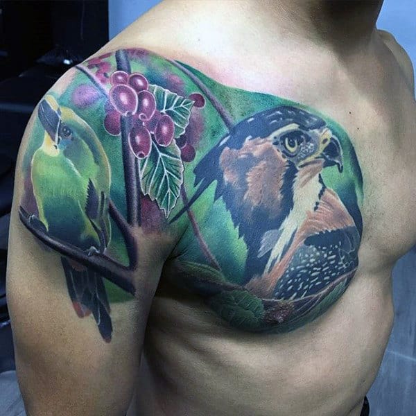 Artistic Birds Male Chest And Shoulder Tattoo