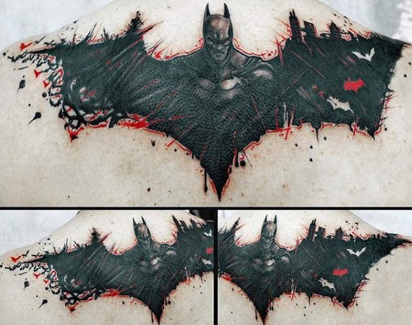 Artistic Black And Red Ink Mens Batman Symbol Upper Back Tattoos