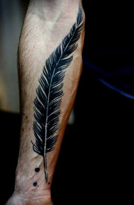 Artistic Black Feather Tattoo For Men On Forearm