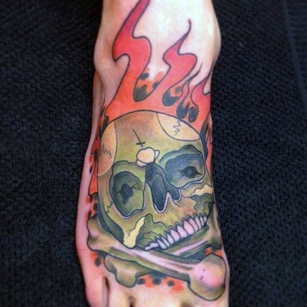 Artistic Foot Male Flaming Skull Tattoo Ideas