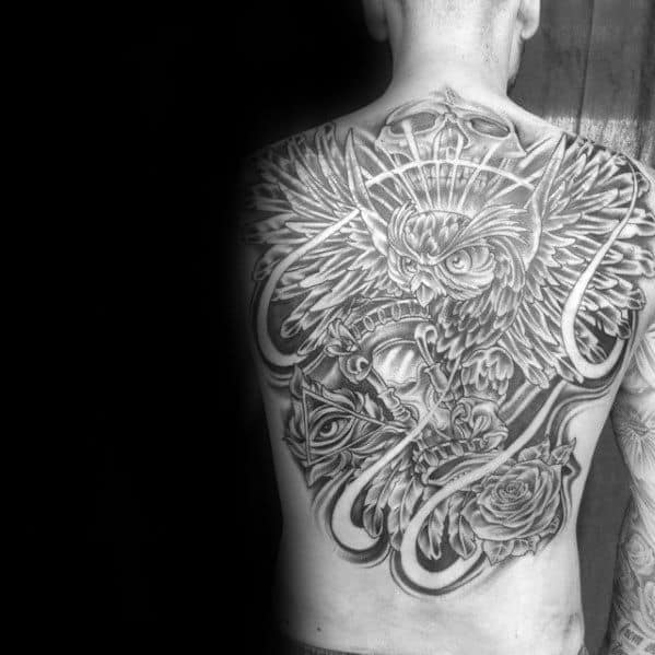Artistic Full Back Male Flying Owl Tattoo Inspiration