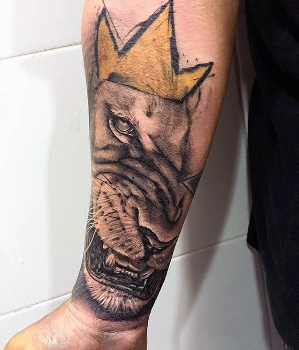 Artistic Gold Lion With Crown Mens Watercolor Forearm Tattoos