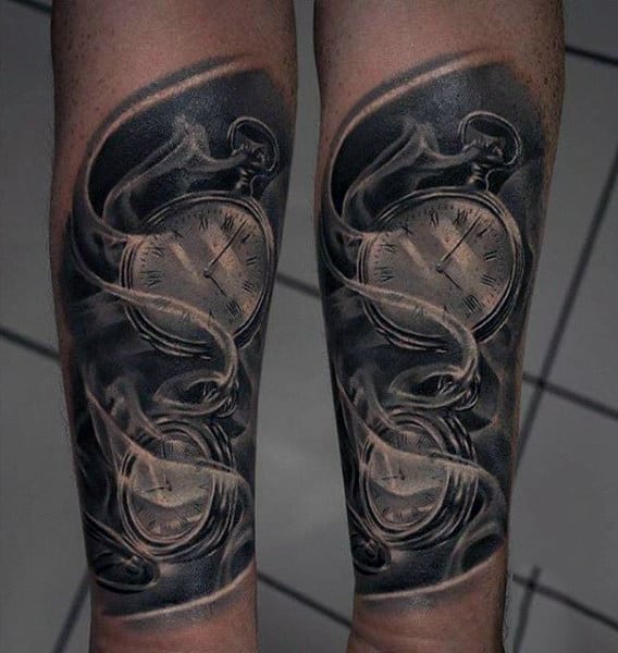 Artistic Gray Pocket Watch Tattoo Forearms Guys