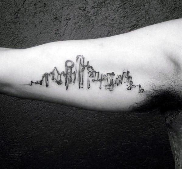 Artistic Guys Skyline Watercolor Sketched Inner Arm Bicep Tattoos