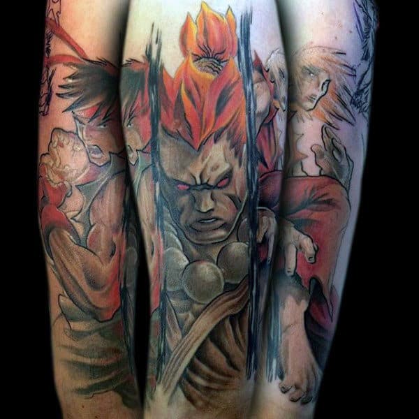 Artistic Guys Street Fighter Forearm Watercolor Tattoos