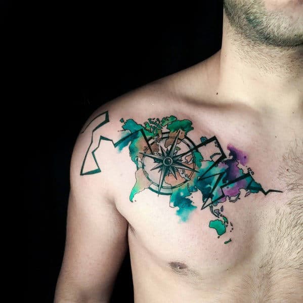Artistic Guys Watercolor Compass Upper Chest And Shoulder Tattoo