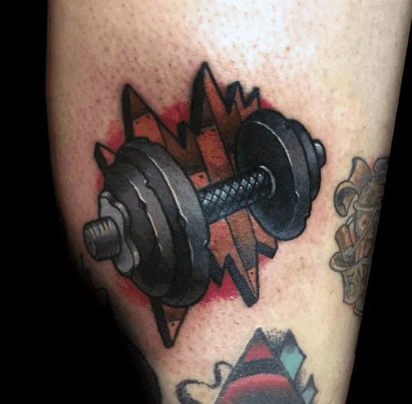 Bold dumbbell tattoo with red and black lightning background, symbolizing power, intensity, and passion for lifting.