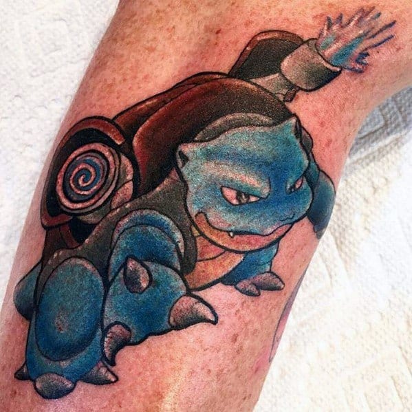 Dynamic Blastoise tattoo with a fierce stance, spiral shell detail, and water blast effect from the cannon on its back.