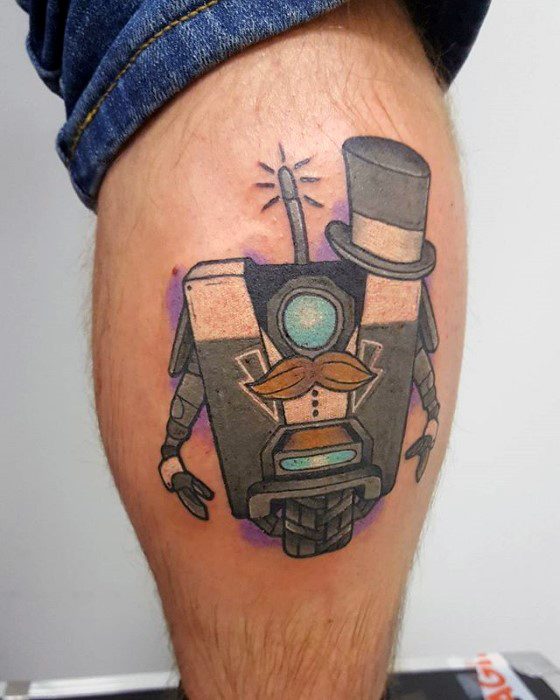 Stylized Claptrap tattoo dressed in a tuxedo, top hat, and mustache, with a glowing antenna and a soft purple background.