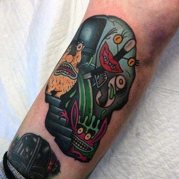 Colorful tattoo of Aaahh!!! Real Monsters characters Ickis, Oblina, and Krumm emerging from a spooky black and green silhouette design.