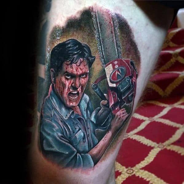 Realistic chainsaw tattoo of a bloodied man in a fierce pose holding a red chainsaw, inspired by a horror movie character.