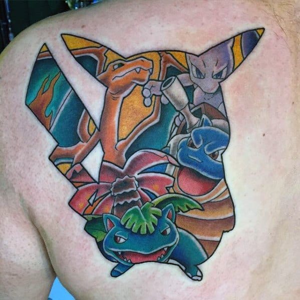 Large Pikachu-shaped tattoo featuring Charizard, Mewtwo, Blastoise, and Venusaur in a vivid, action-packed design on the back.
