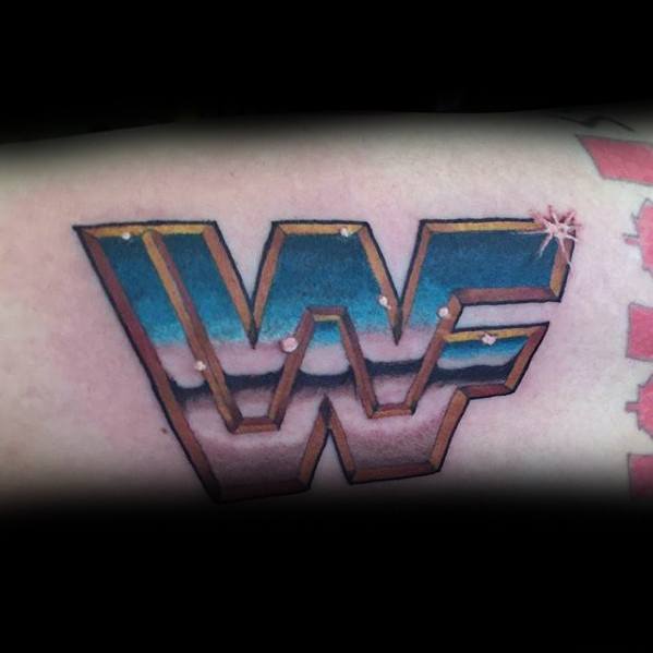 Artistic Male Chrome Wwf Logo Wrestling Arm Tattoo Ideas