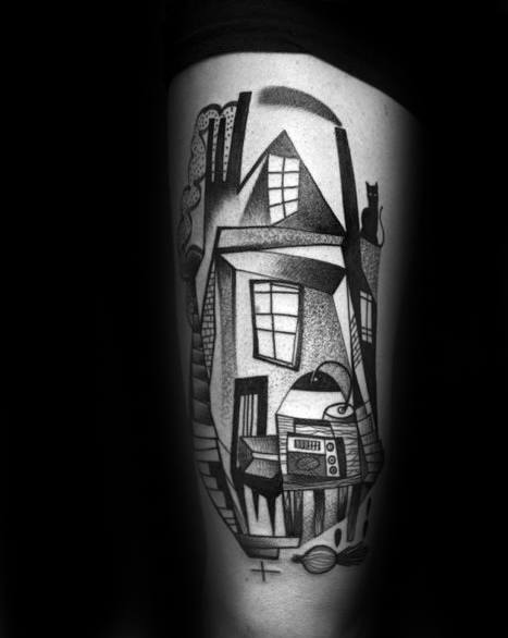 Cubist black and grey tattoo of a distorted house with windows, chimney, cat, and surreal geometric shading on the forearm.