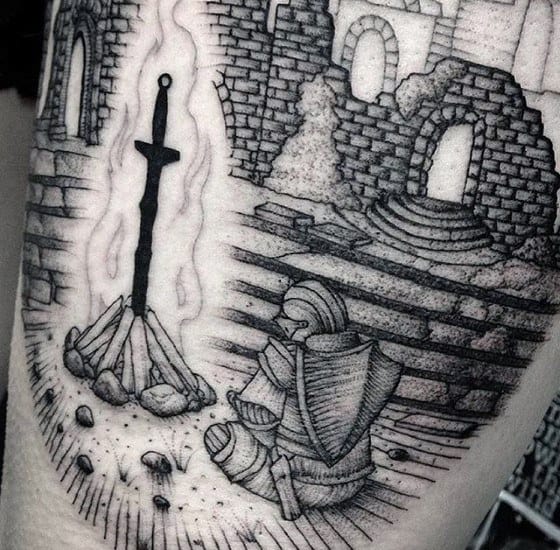 Blackwork Dark Souls tattoo of a knight resting at a bonfire in front of ruined stone architecture, done in a fine line dotwork style.