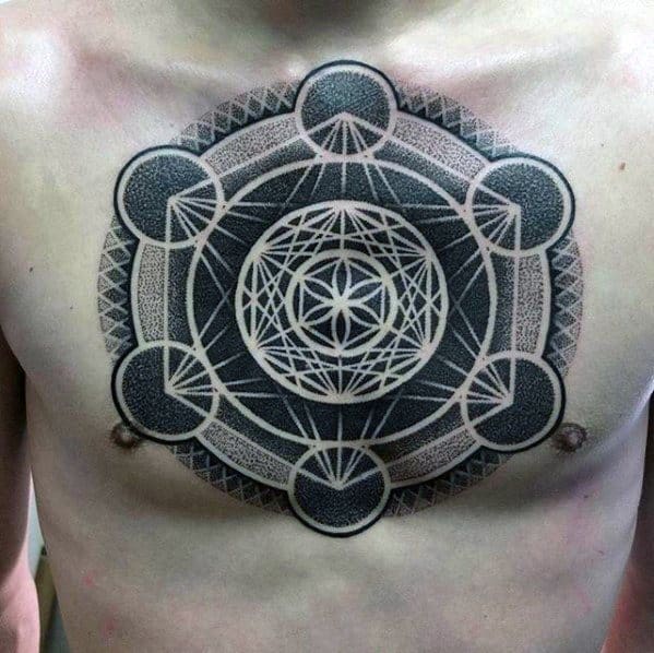 Artistic Male Dotwork Geometric Chest Tattoo Ideas