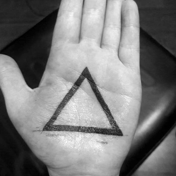 Artistic Male Geometric Hand Palm Solid Black Ink Triangle Outline Tattoo Ideas