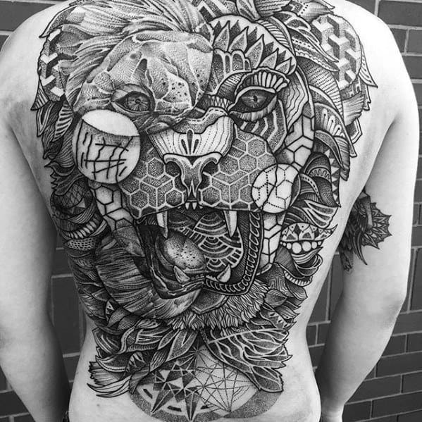 Artistic Male Geometric Lion Head Back Tattoo Ideas