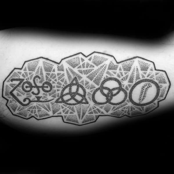 Dotwork tattoo of the four Led Zeppelin symbols—Zoso, triquetra, Borromean rings, and feather—set against a geometric patterned background.