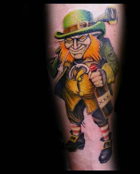 Cartoon-style leprechaun tattoo holding a hammer and jug of moonshine, dressed in green with orange beard and striped socks.