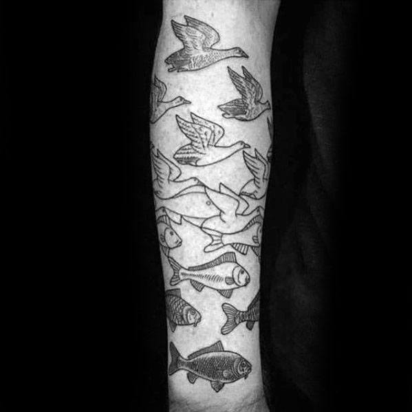 MC Escher-inspired tattoo of birds transforming into fish, with a seamless gradient between flying and swimming forms.