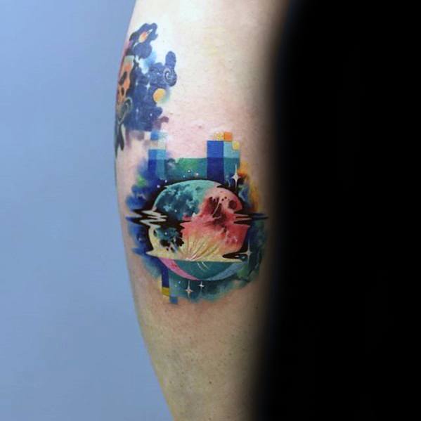 Artistic Male Moon Pixel Tattoo Ideas On Leg