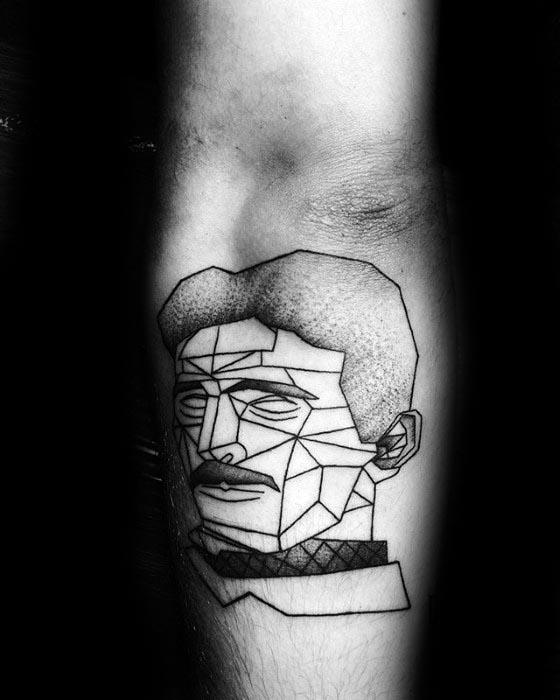 Geometric linework tattoo of Nikola Tesla’s face with angular abstract shapes and dotwork shading on the hair.