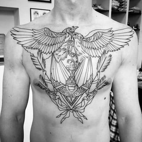 Linework chest tattoo of Odin’s ravens with wings spread wide, perched above Norse symbols and geometric patterns.
