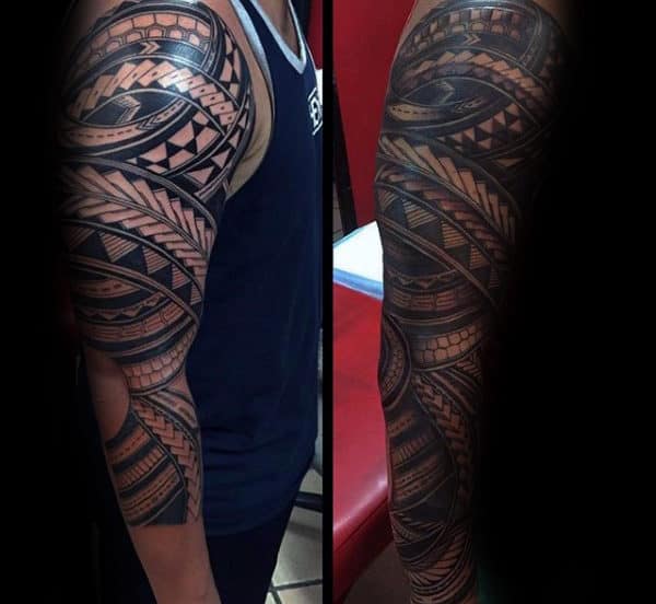 Artistic Male Samoan Full Arm Tribal Sleeve Tattoos