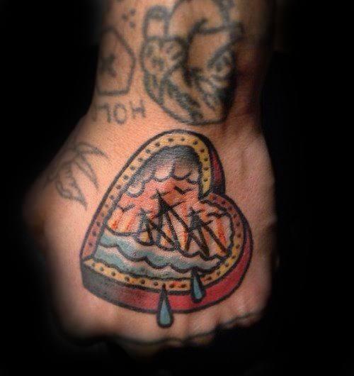 Artistic Male Sinking Ship Heart Traditional Hand Tattoo Ideas