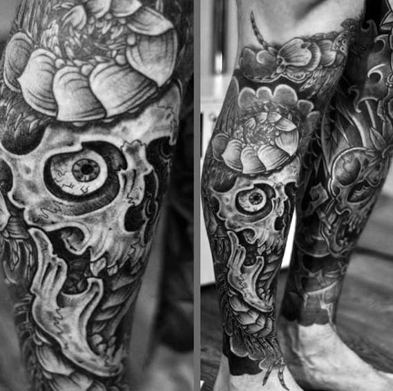 Artistic Male Skull Centipede Leg Sleeve Tattoo Ideas