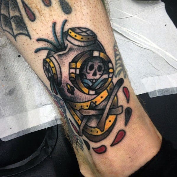 Artistic Male Skull Inside Diving Helmet Tattoo Ideas On Lower Leg