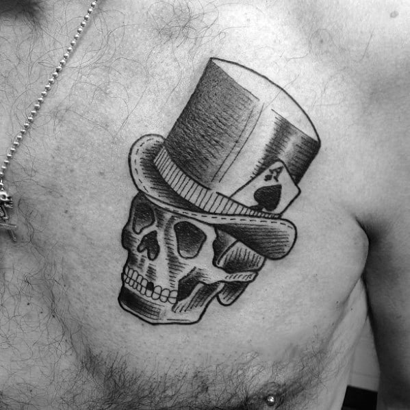 Artistic Male Skull Top Hat Upper Chest Tattoo Ideas