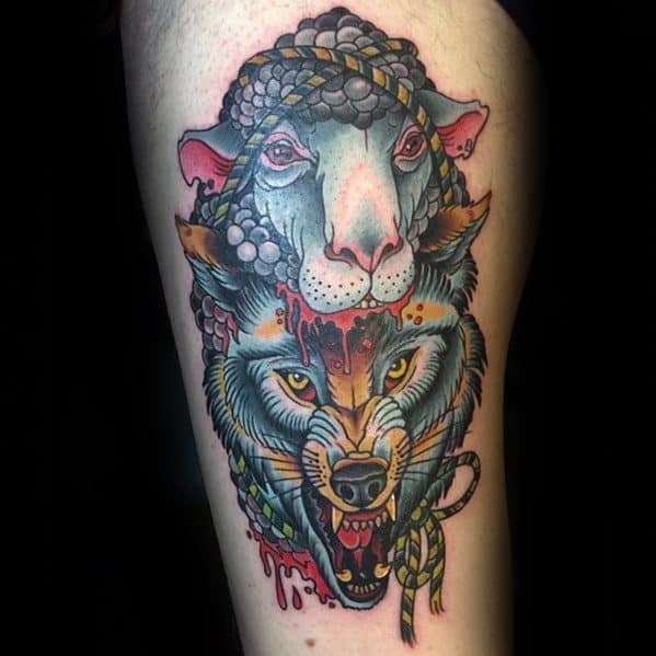 Artistic Male Wolf In Sheeps Clothing Tattoo Ideas On Thigh