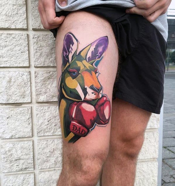 Artistic Memorial Dad Thigh Male Kangaroo Tattoo Ideas