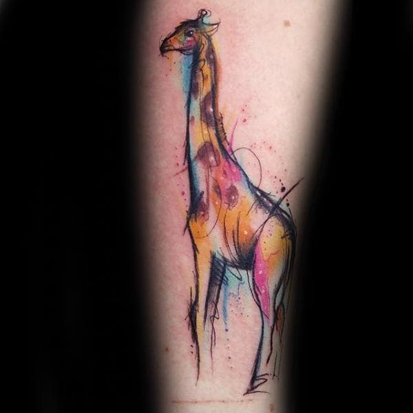 Artistic Mens Giraffe Watercolor Tattoo On Forearm