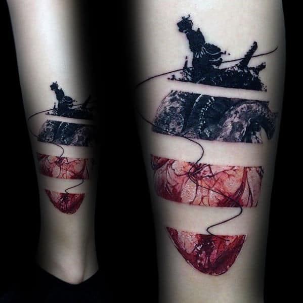 Artistic Mens Negative Space Realistic Heart Tattoo On Leg