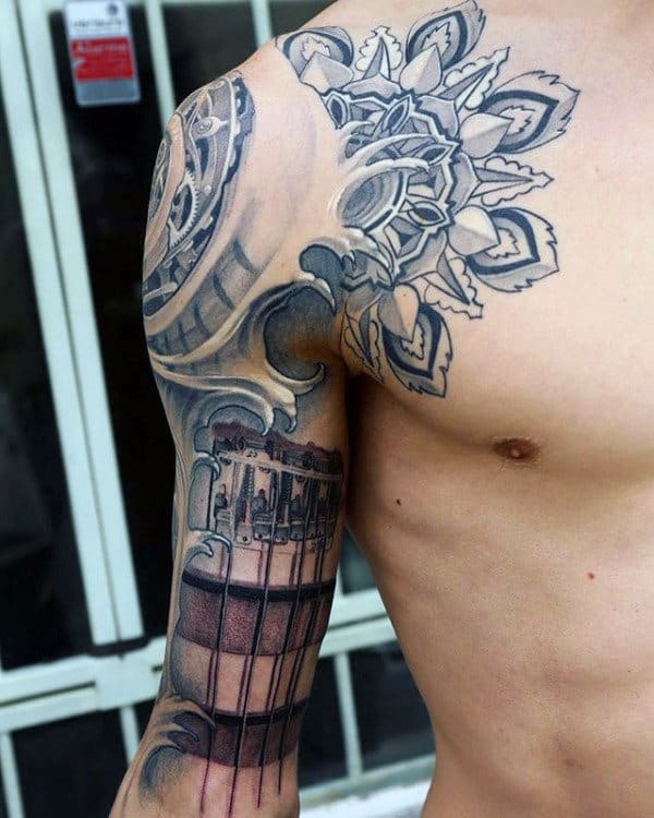 Artistic Pattern With Guitar Mens Sleeve And Shoulder Tattoo