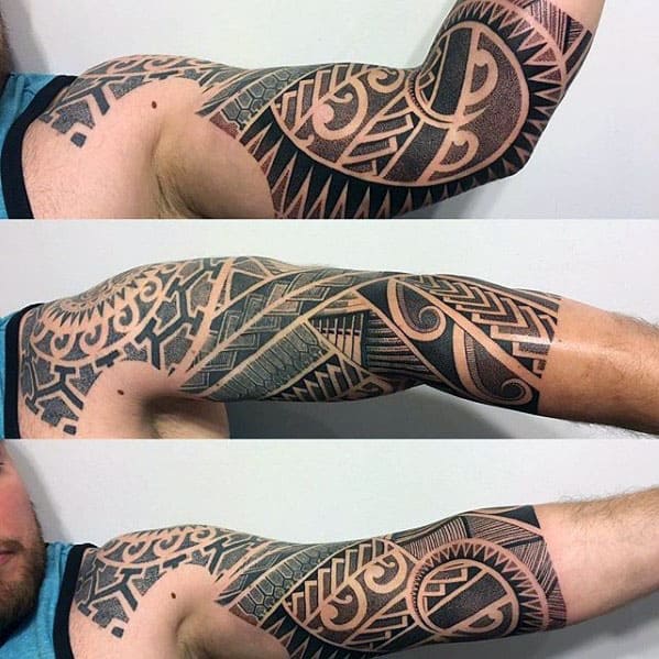 Artistic Polynesian Male Tribal Half Sleeve Tattoo Design Ideas