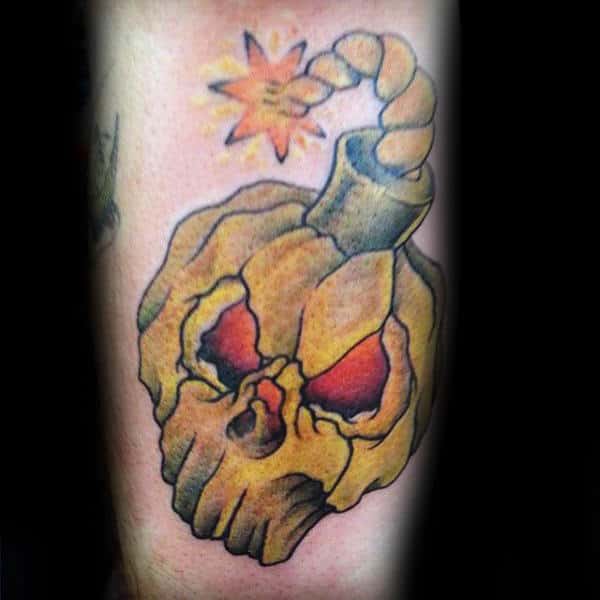 Artistic Pumpkin Skull Bomb Mens Inner Forearm Tattoo