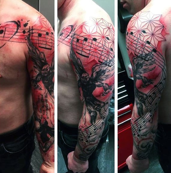 Artistic Red And Black Ink Male Music Sleeve Tattoos