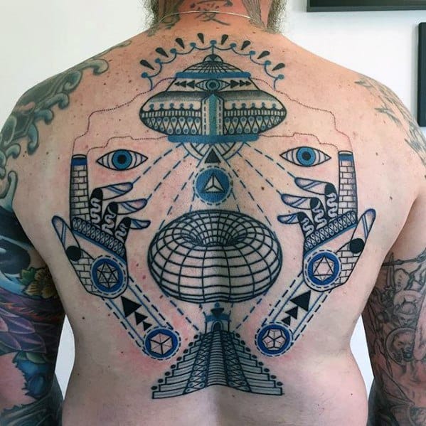 Artistic Shapes With Pyramid Guys Unique Back Tattoo